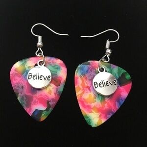 HAND Crafted Drop Repurposed Guitar Pick Earrings Tie Dye Believe